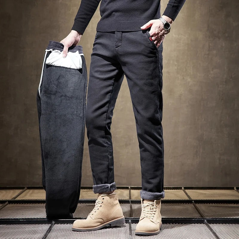 Men's Slim Fit Pants | Fleece Lined Casual Trousers - Black