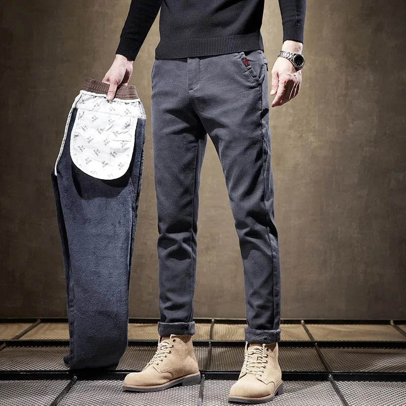 Men's Slim Fit Pants | Fleece Lined Casual Trousers - Grey