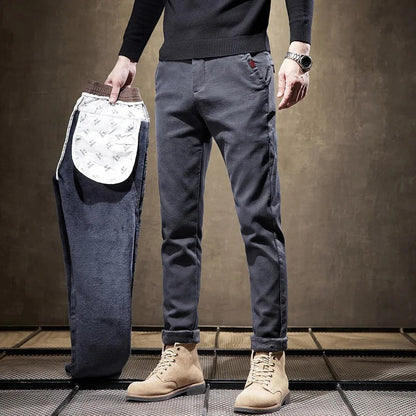 Men's Slim Fit Pants | Fleece Lined Casual Trousers - Grey