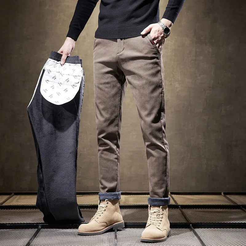Men's Slim Fit Pants | Fleece Lined Casual Trousers - Khaki