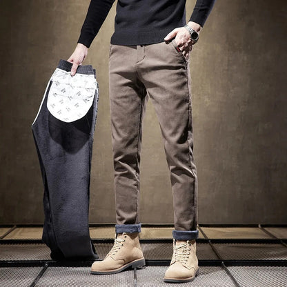 Men's Slim Fit Pants | Fleece Lined Casual Trousers - Khaki