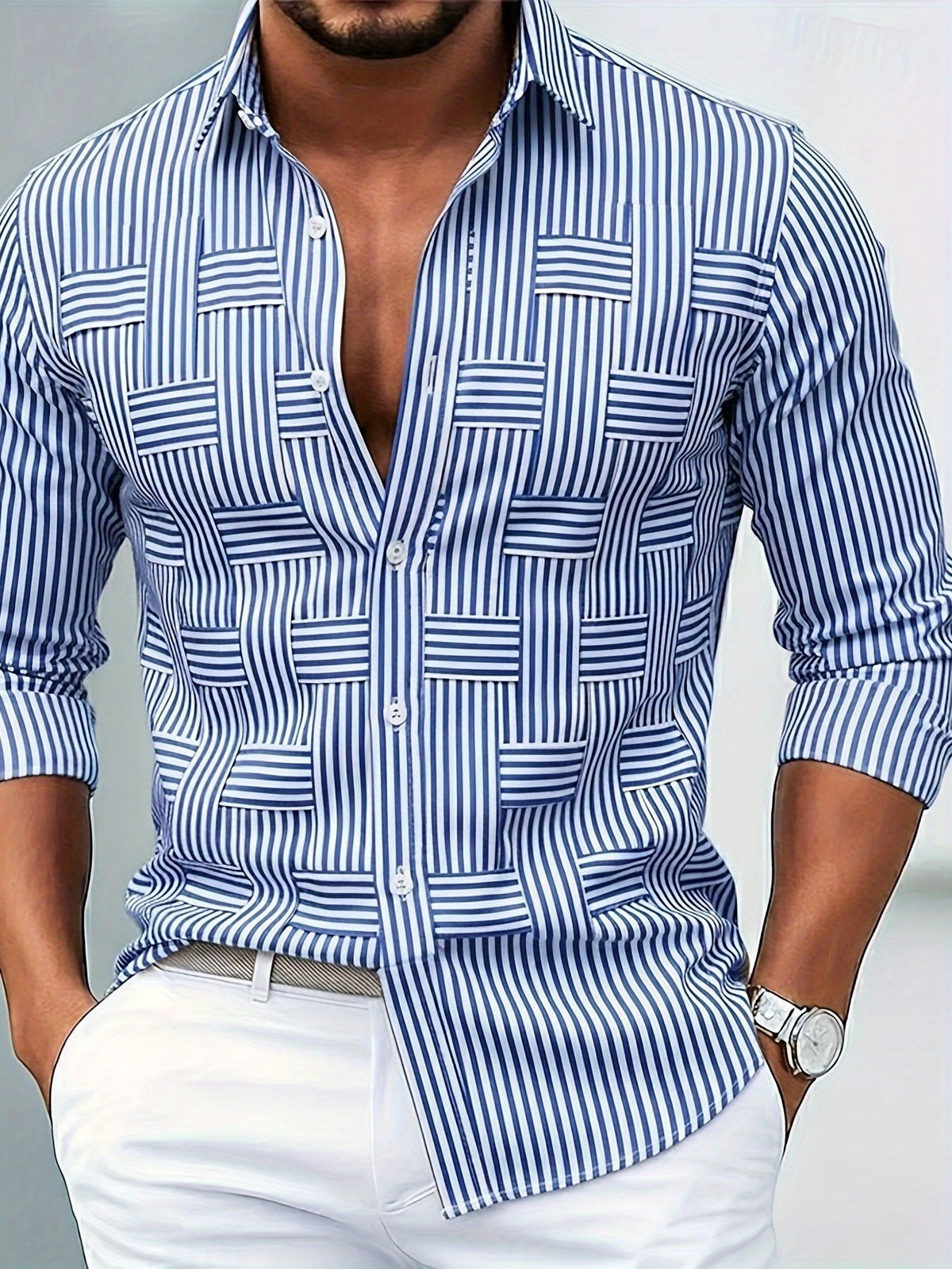 Men's Striped Long Sleeve Shirt | Casual Shirts - Sky Blue