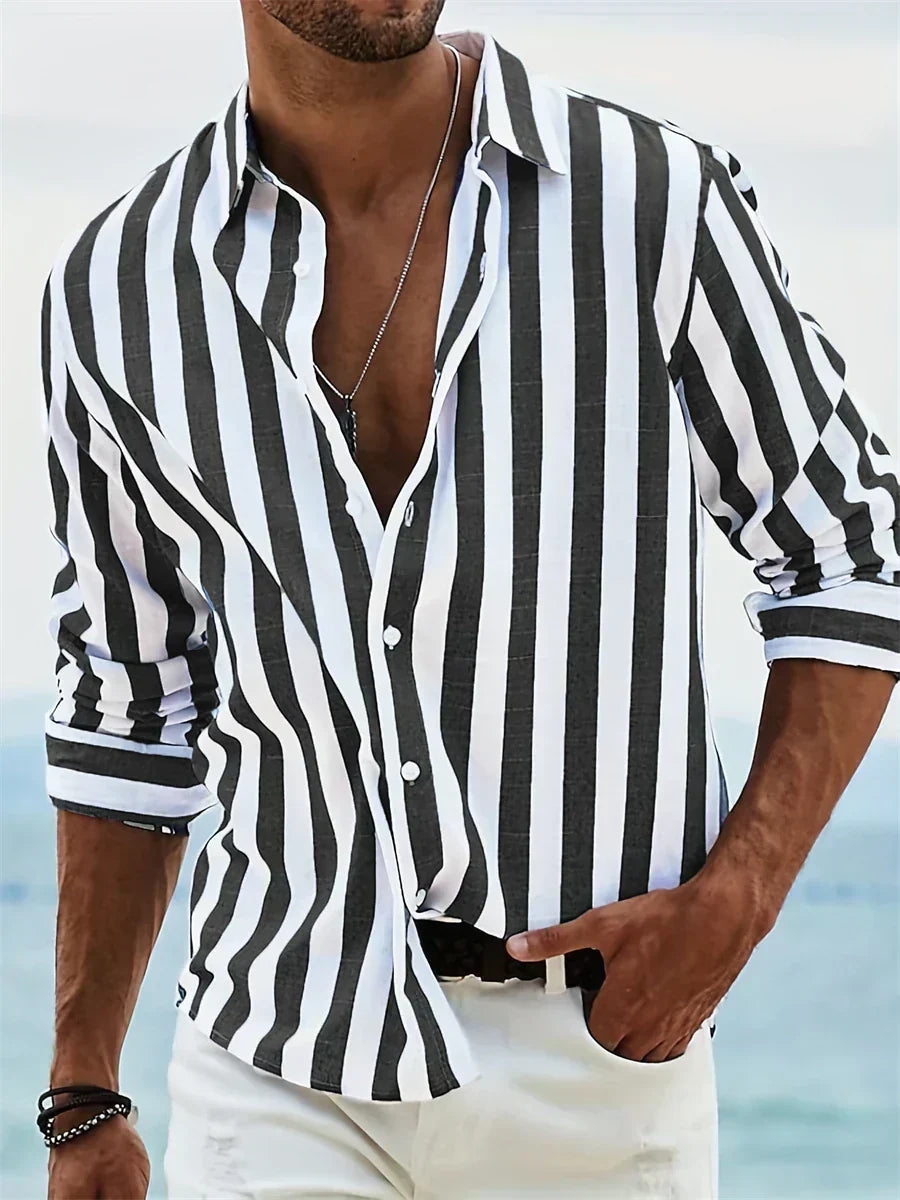 Men's Striped Relaxed-Fit Shirt | Casual Vertical Stripe - Black