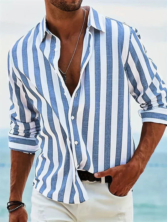 Men's Striped Relaxed-Fit Shirt | Casual Vertical Stripe - Blue
