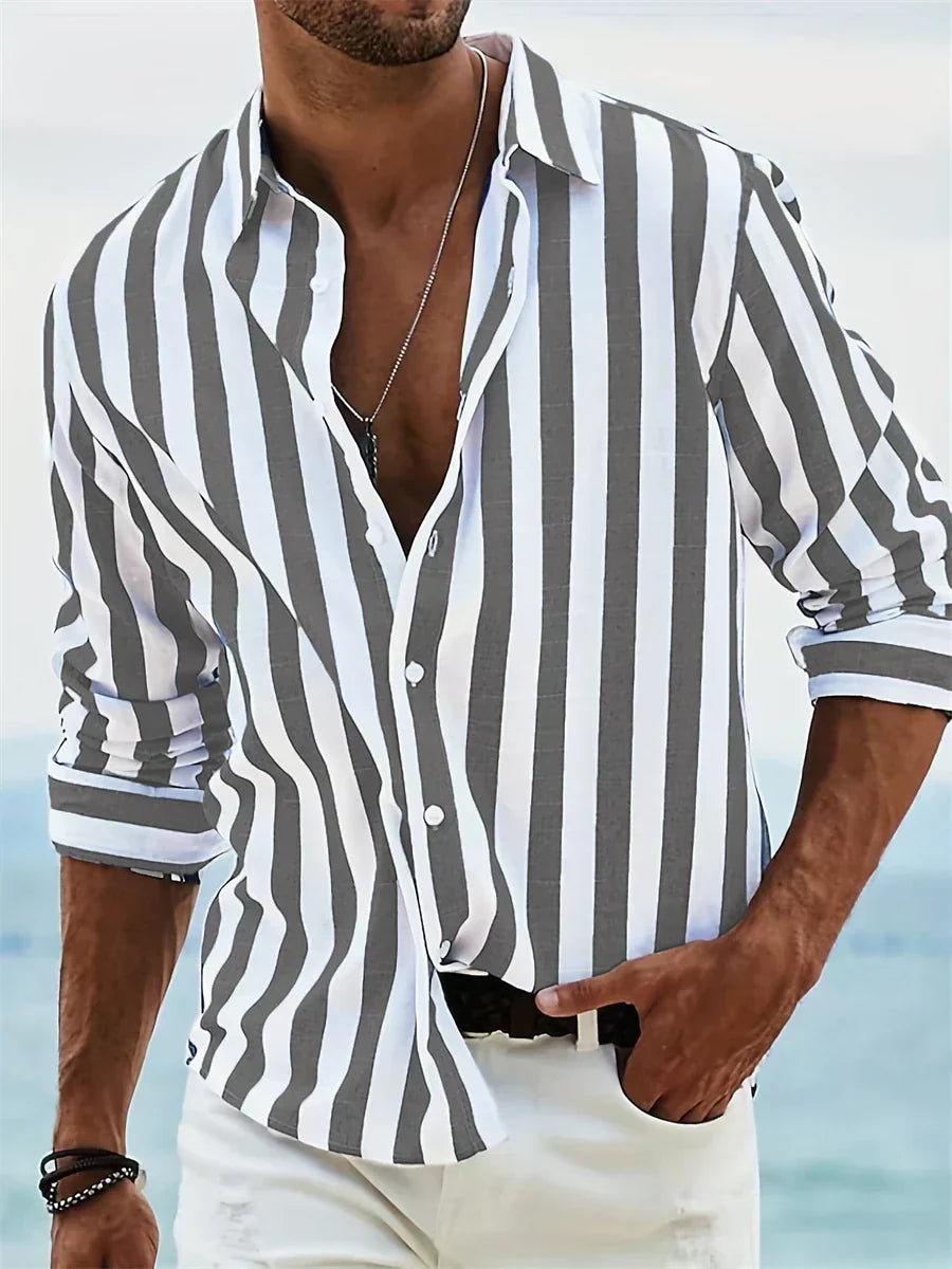 Men's Striped Relaxed-Fit Shirt | Casual Vertical Stripe - Dark Grey