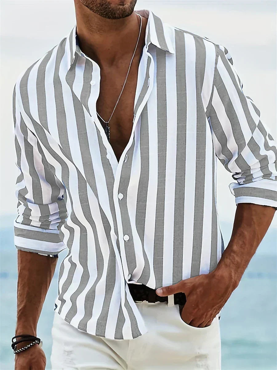 Men's Striped Relaxed-Fit Shirt | Casual Vertical Stripe - Light Grey