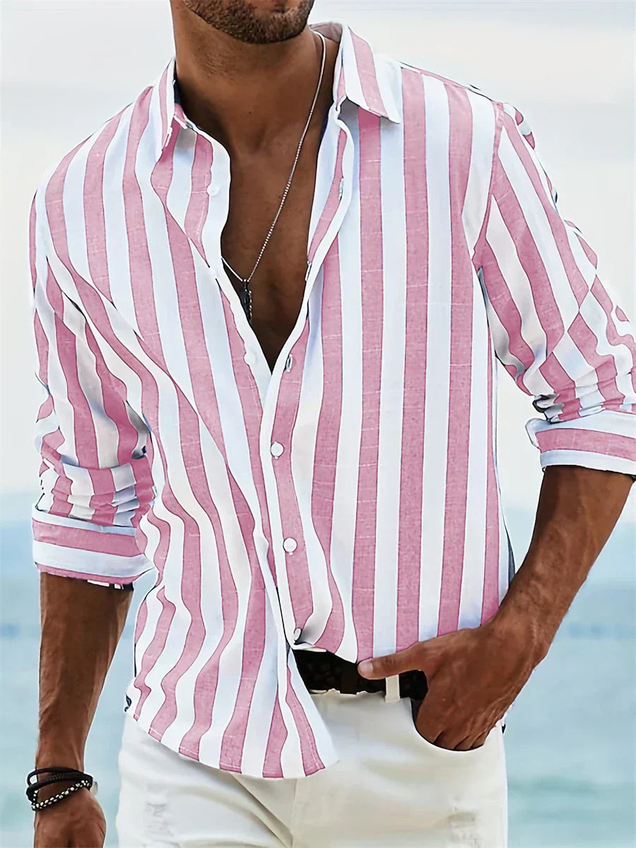 Men's Striped Relaxed-Fit Shirt | Casual Vertical Stripe - Pink