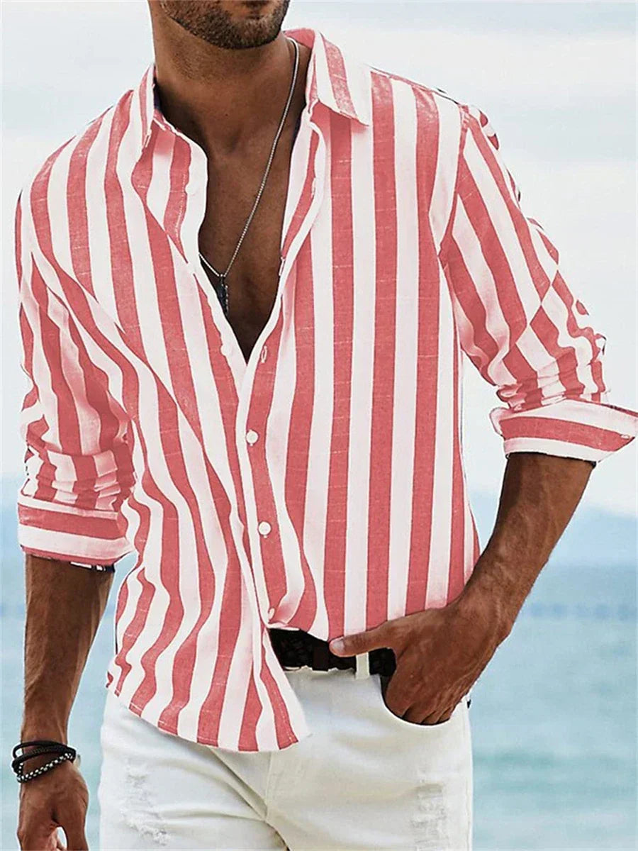 Men's Striped Relaxed-Fit Shirt | Casual Vertical Stripe - Red