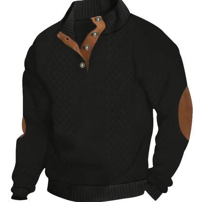 Men's Sweater with Stand Collar | Button Henley Knit - Black