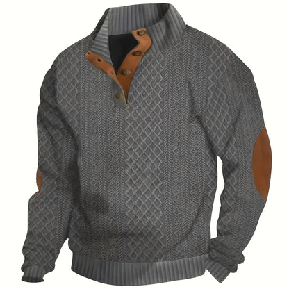 Men's Sweater with Stand Collar | Button Henley Knit - Dark Gray