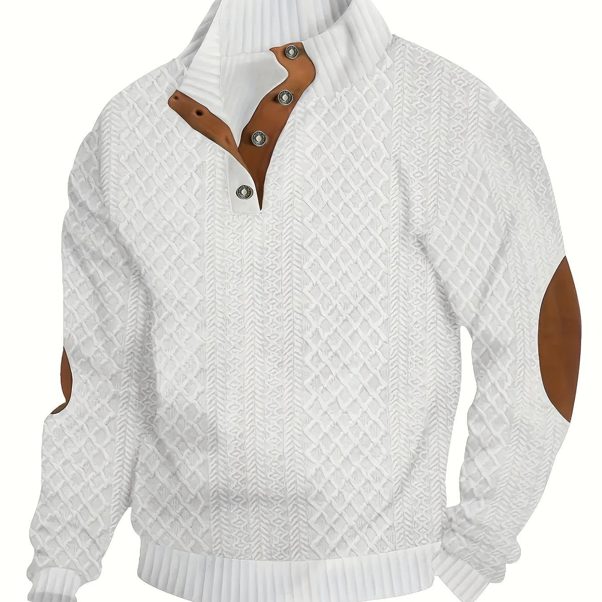 Men's Sweater with Stand Collar | Button Henley Knit - Ivory White