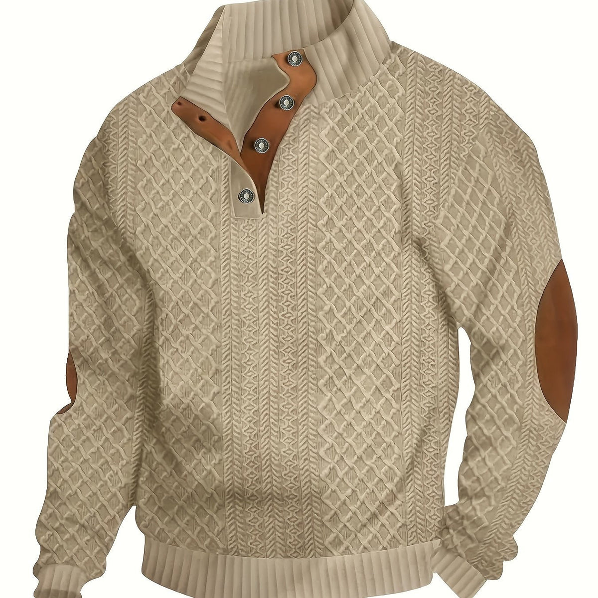 Men's Sweater with Stand Collar | Button Henley Knit - Khaki