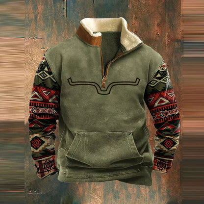 Men's Sweater with Zip Collar | Vintage Casual Knit - Green