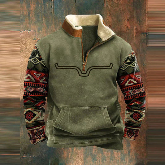 Men's Sweater with Zip Collar | Vintage Casual Knit - Green