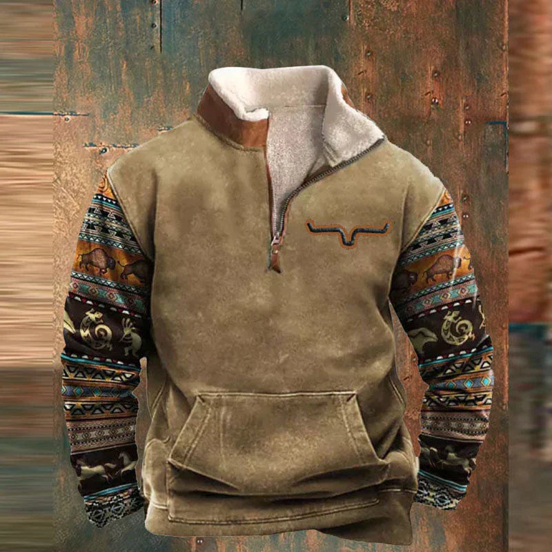 Men's Sweater with Zip Collar | Vintage Casual Knit - Khaki