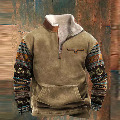 Men's Sweater with Zip Collar | Vintage Casual Knit - Khaki