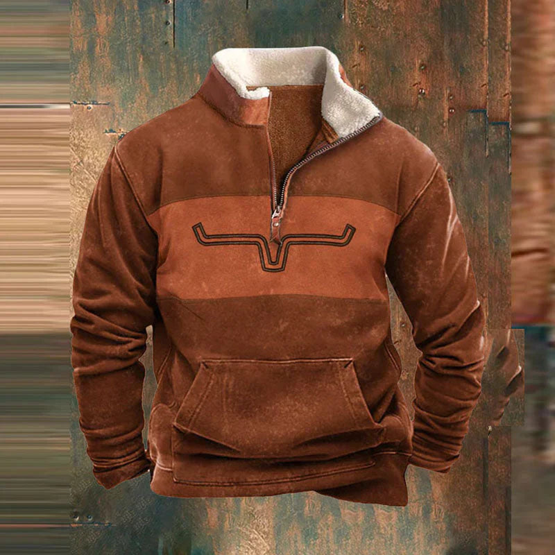 Men's Sweater with Zip Collar | Vintage Casual Knit - Orange