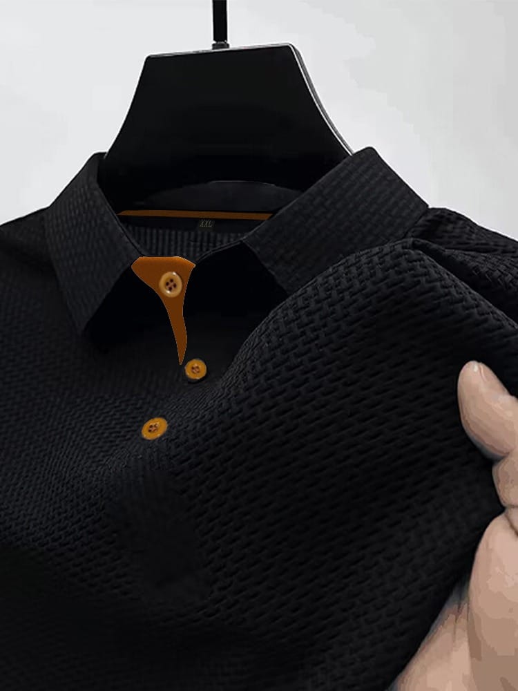 Men's Textured Polo Shirt | Short-Sleeve Collared Top - Black