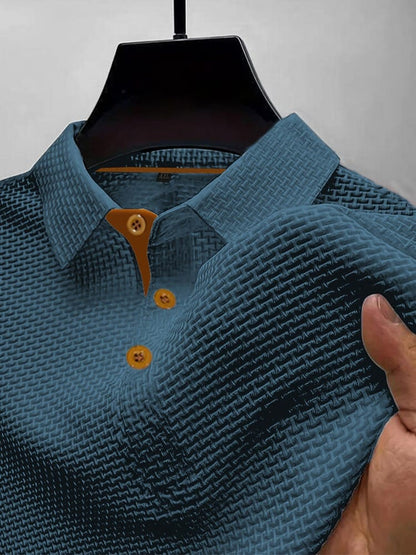 Men's Textured Polo Shirt | Short-Sleeve Collared Top - Blue