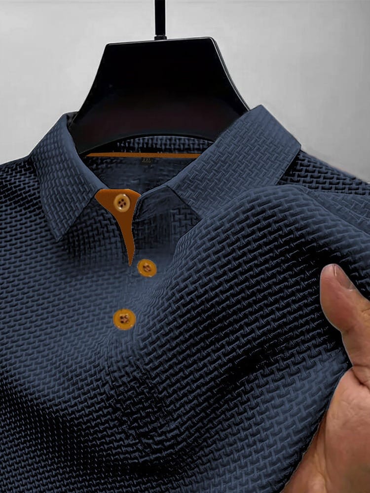 Men's Textured Polo Shirt | Short-Sleeve Collared Top - Dark Blue