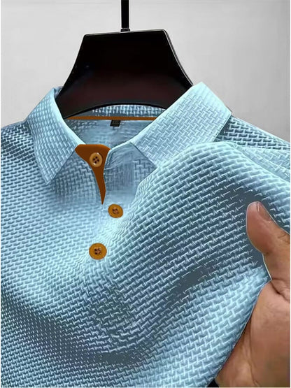 Men's Textured Polo Shirt | Short-Sleeve Collared Top - Light Blue