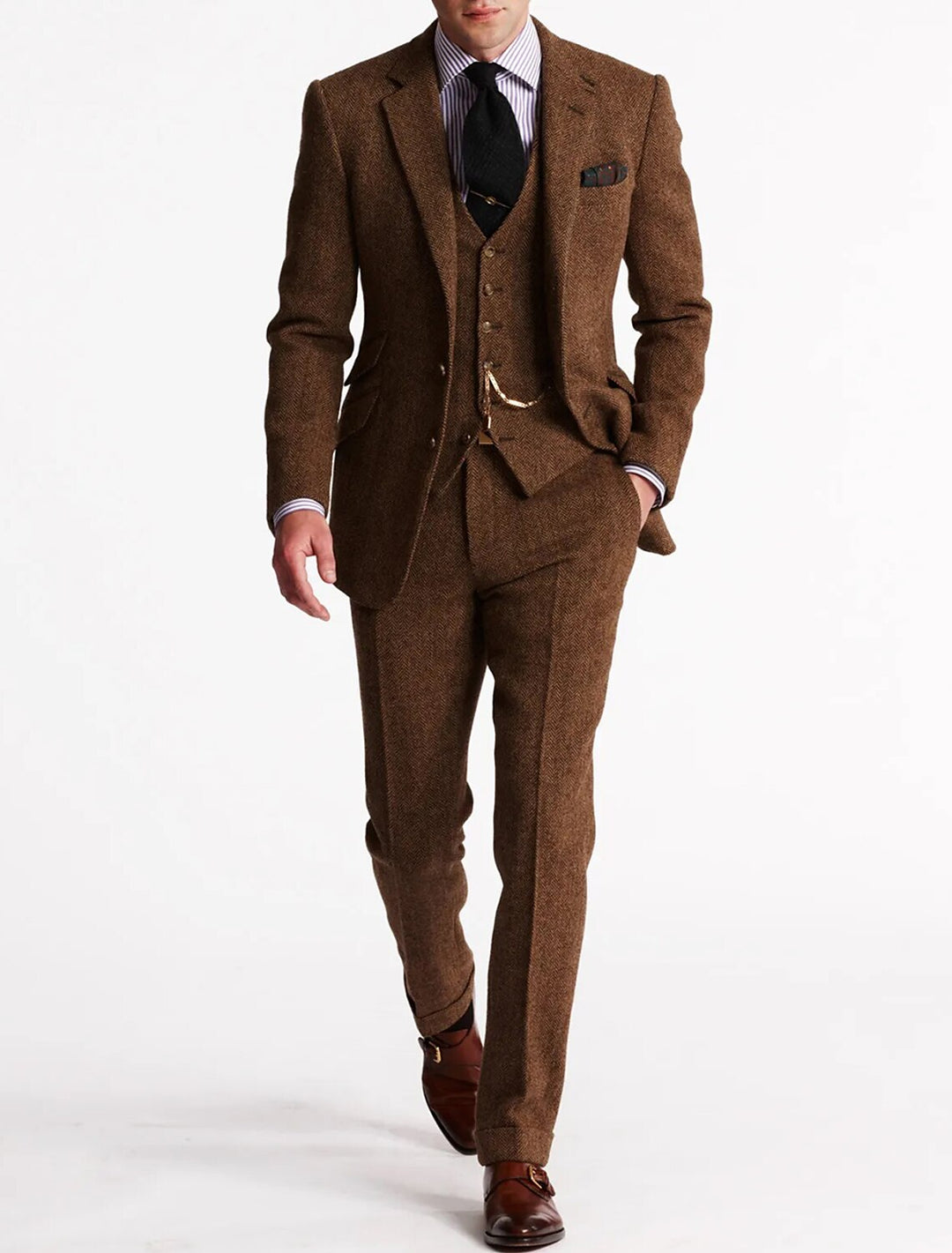 Men's Three-Piece Suit Set | Blazer Gilet Trousers - Brown
