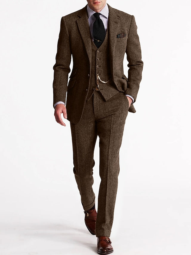Men's Three-Piece Suit Set | Blazer Gilet Trousers - Coffee