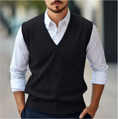 Men's V-Neck Pullover Sweater | Layering Knit with Ribbed Trim - Black