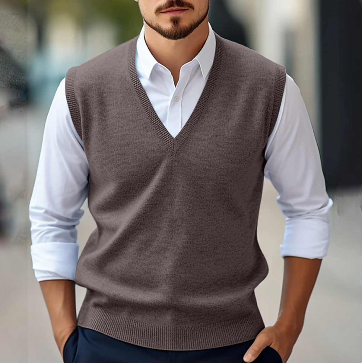 Men's V-Neck Pullover Sweater | Layering Knit with Ribbed Trim - Brown