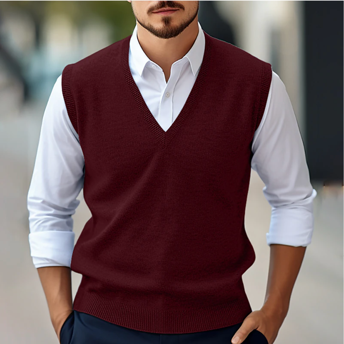 Men's V-Neck Pullover Sweater | Layering Knit with Ribbed Trim - Burgundy