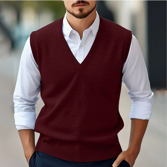 Men's V-Neck Pullover Sweater | Layering Knit with Ribbed Trim - Burgundy