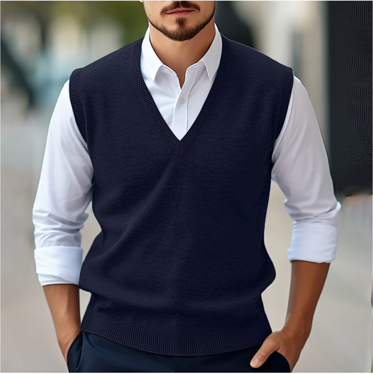 Men's V-Neck Pullover Sweater | Layering Knit with Ribbed Trim - Navy