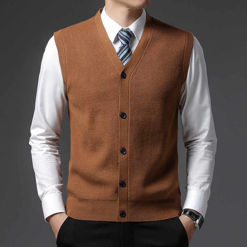 Men's Vest V-Neck Button Closure | Sleeveless Slim Fit - Brown