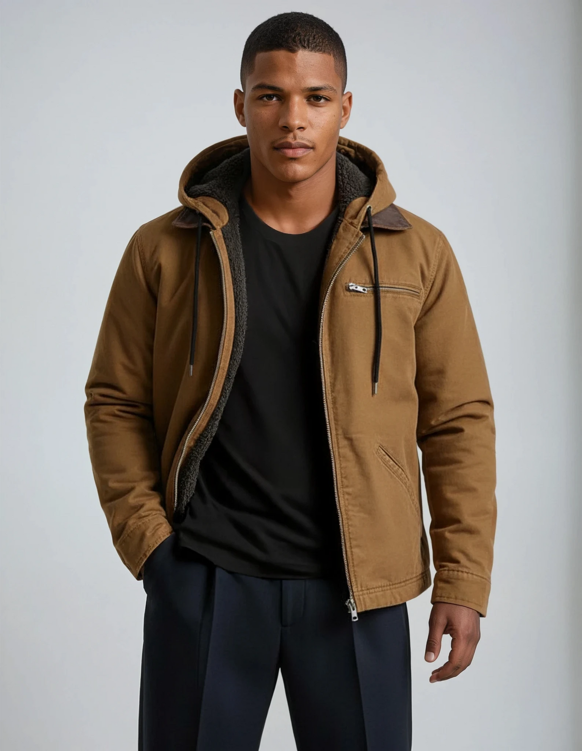 Men's Zip-Up Mid-Length Coat | Multi-Pocket Regular Fit Jacket - Brown