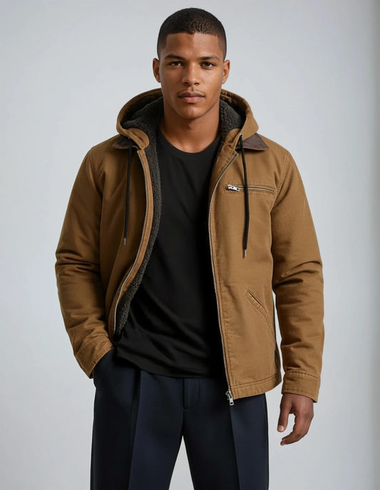 Men's Zip-Up Mid-Length Coat | Multi-Pocket Regular Fit Jacket - Brown