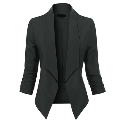 Women's Blazer | Open-Front Draped Long Blazer for Work - Black