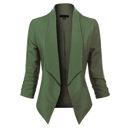 Women's Blazer | Open-Front Draped Long Blazer for Work - Green