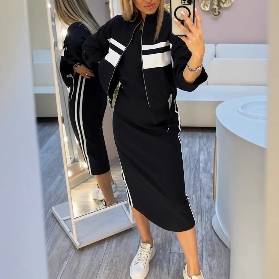 Women's Bomber Jacket and Midi Skirt Set | Striped Matching Set - Black