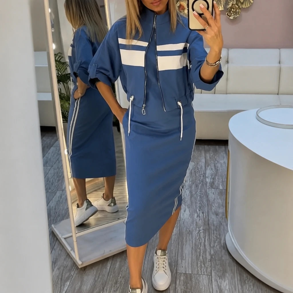 Women's Bomber Jacket and Midi Skirt Set | Striped Matching Set - Blue