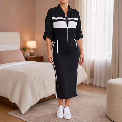 Women's Bomber Jacket and Midi Skirt Set | Striped Matching Set