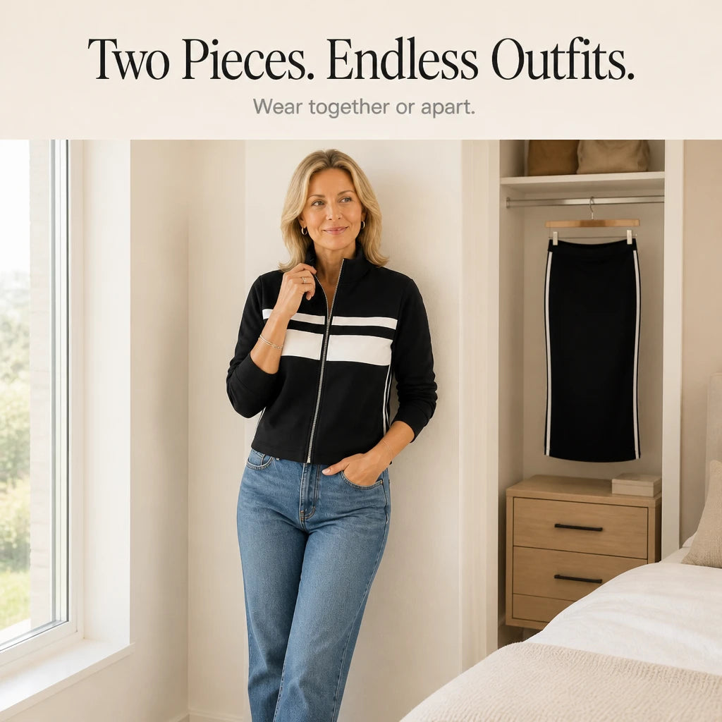Women's Bomber Jacket and Midi Skirt Set | Striped Matching Set