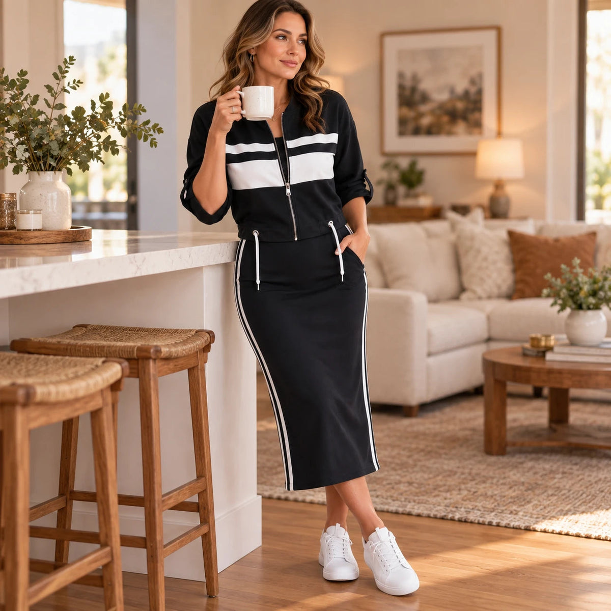 Women's Bomber Jacket and Midi Skirt Set | Striped Matching Set