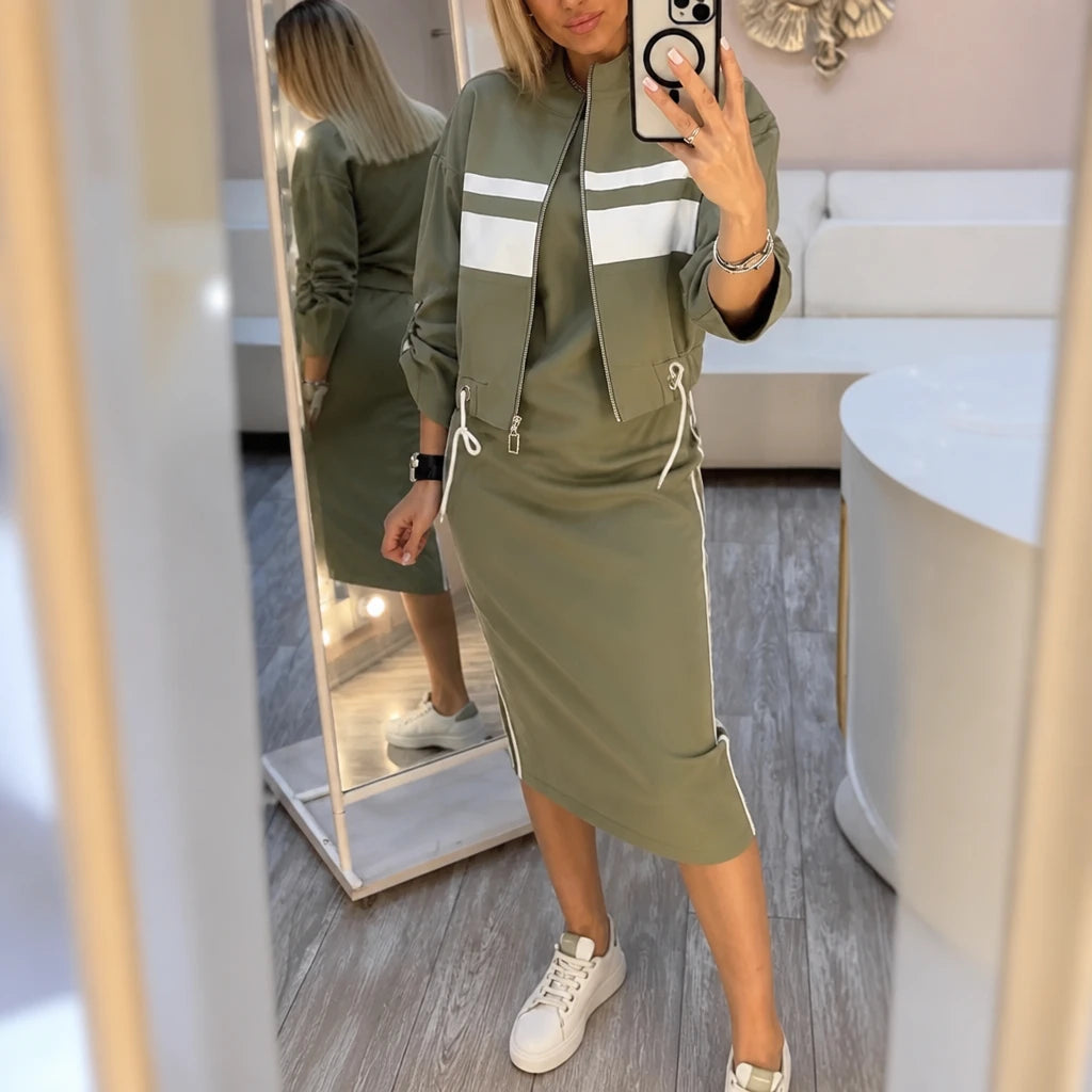 Women's Bomber Jacket and Midi Skirt Set | Striped Matching Set - Green