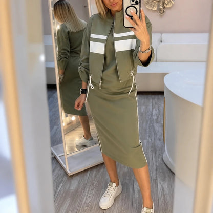 Women's Bomber Jacket and Midi Skirt Set | Striped Matching Set - Green