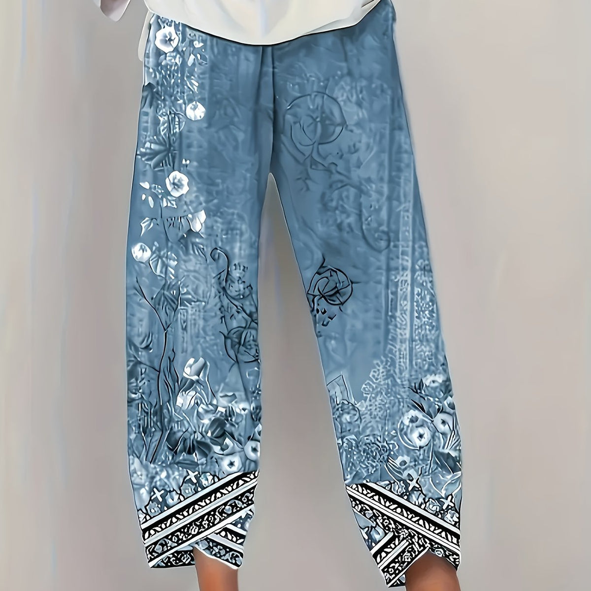 Women's Botanical Cropped Pants | Elastic Waist Tapered Fit - Blue