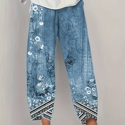 Women's Botanical Cropped Pants | Elastic Waist Tapered Fit - Blue