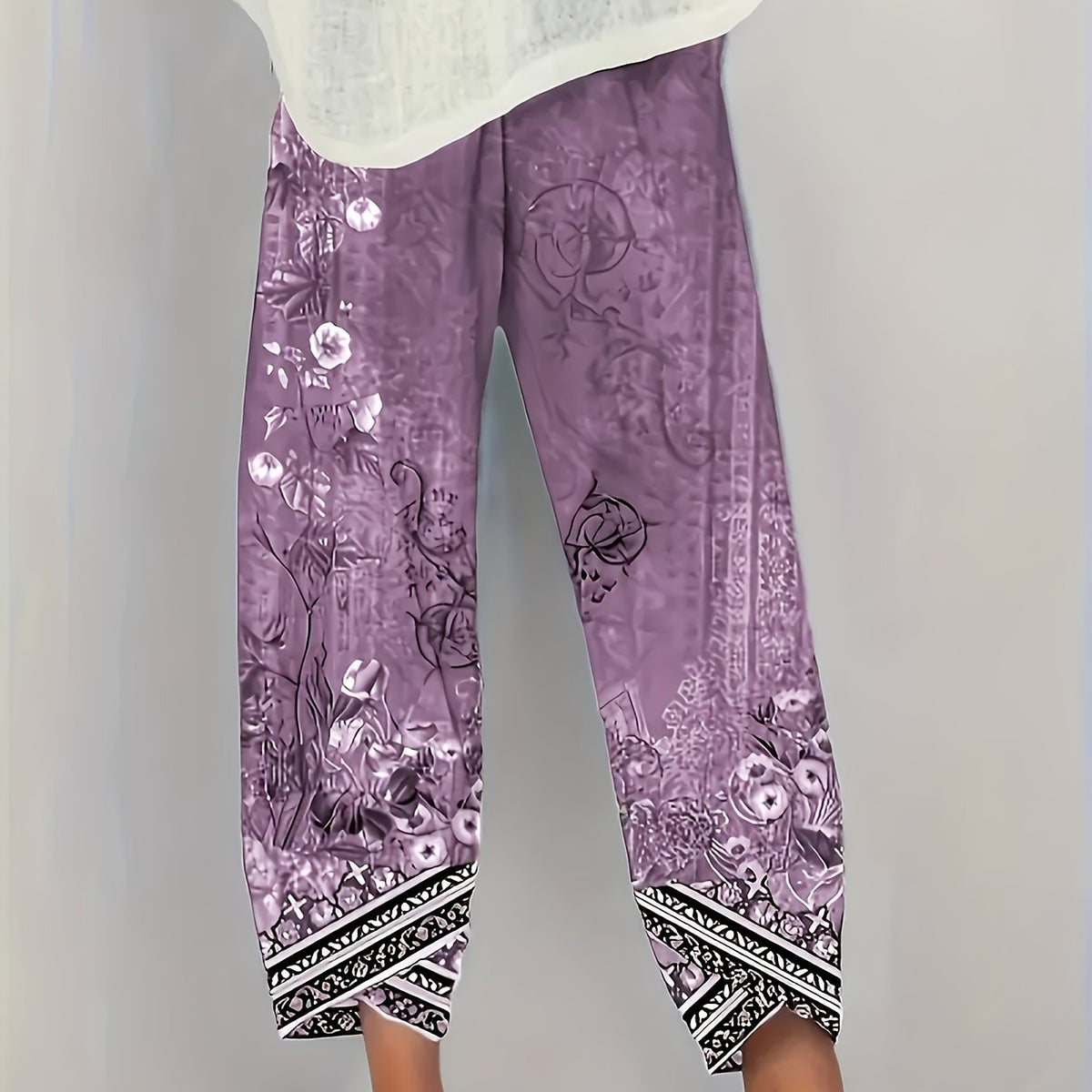 Women's Botanical Cropped Pants | Elastic Waist Tapered Fit - Purple