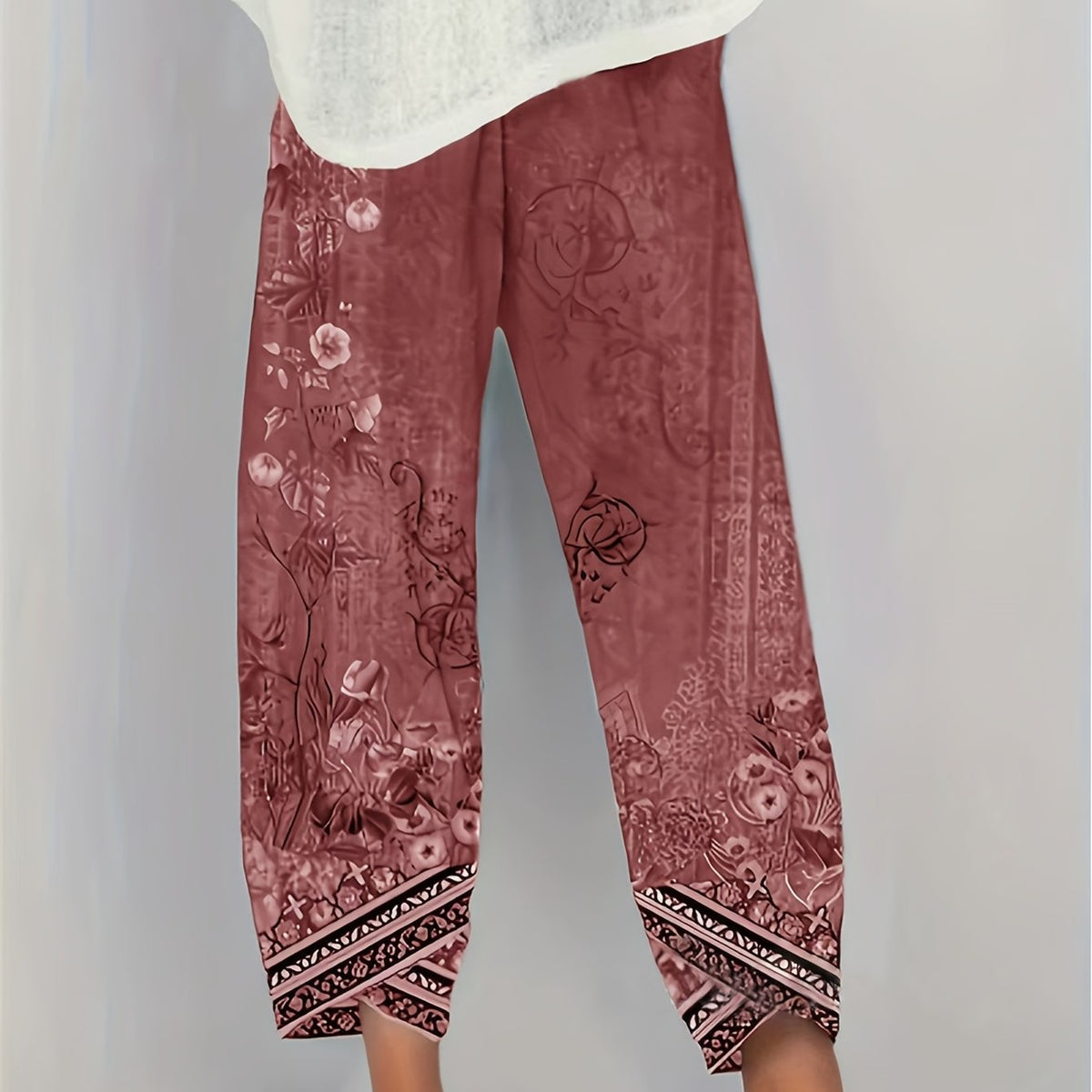 Women's Botanical Cropped Pants | Elastic Waist Tapered Fit - Red
