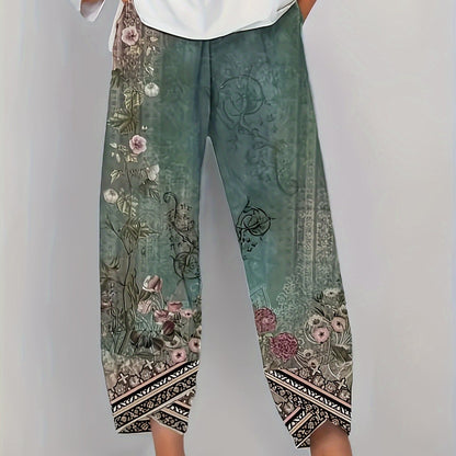 Women's Botanical Cropped Pants | Elastic Waist Tapered Fit - Vintage Plant