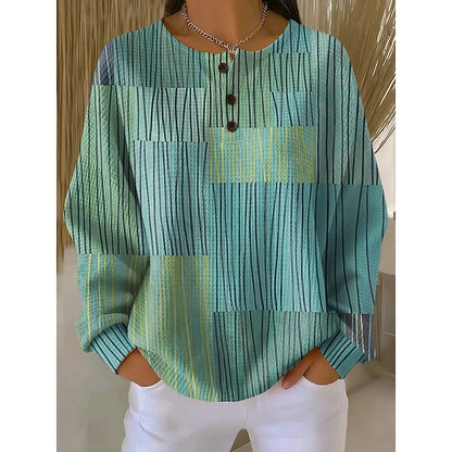 Women's Button-Neck Print Sweatshirt | Crew Neck Pullover - Green